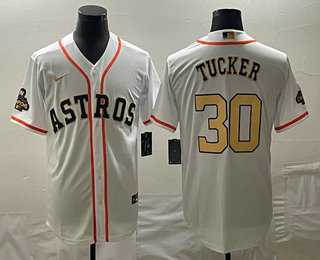 Mens Houston Astros #30 Kyle Tucker 2023 White Gold World Serise Champions Patch Cool Base Stitched Jersey